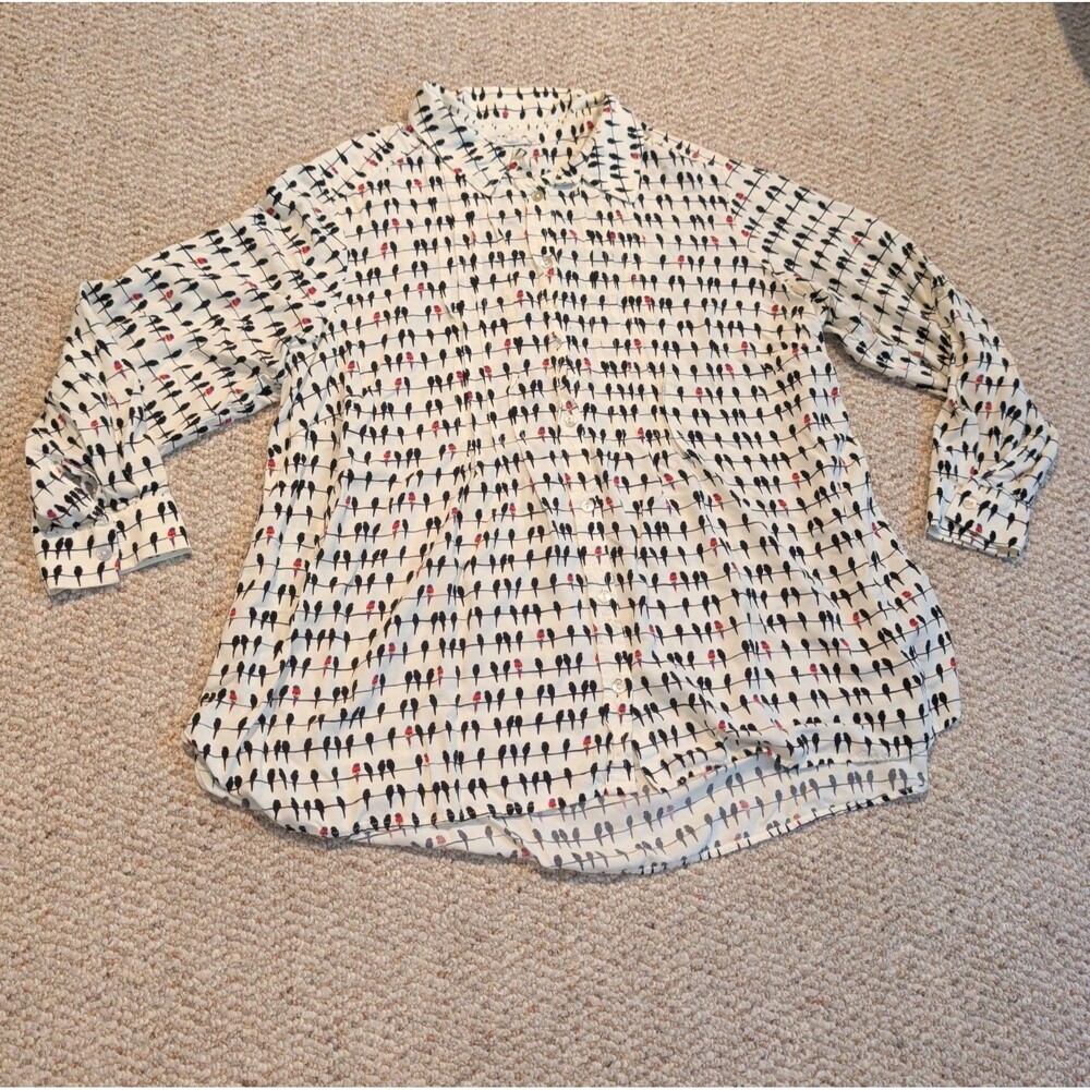 Jane & Delancey Bird Print Blouse 1X Pintucked Roll Tab Sleeve Button Up